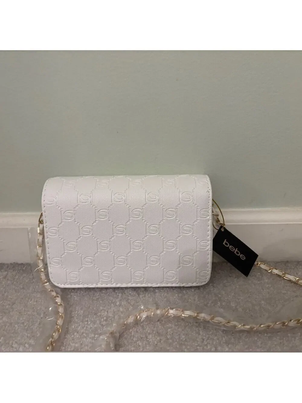 NWT Bebe Celia Monogram Flap Crossbody Bag White Gold Chain Small Purse